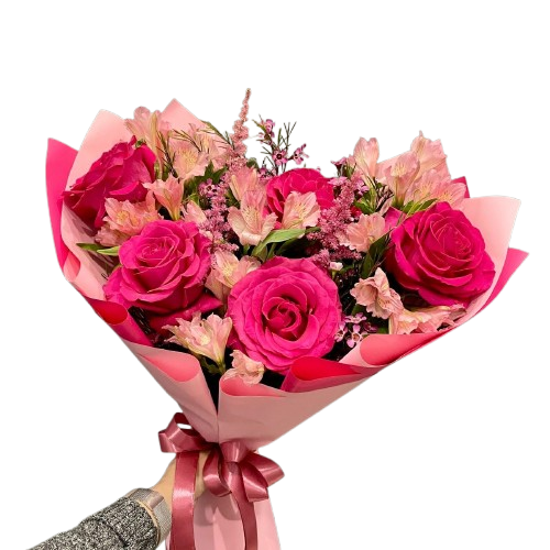 Delicado Ramo de 6 Rosas y astromelias